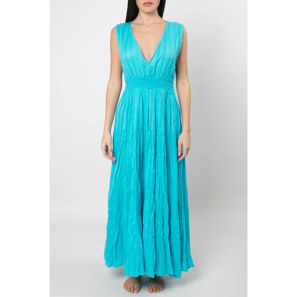 Antica Satoria Teal Blue Sleeveless Tiered Maxi Dress Euro Summer European Flowy - Picture 2 of 8